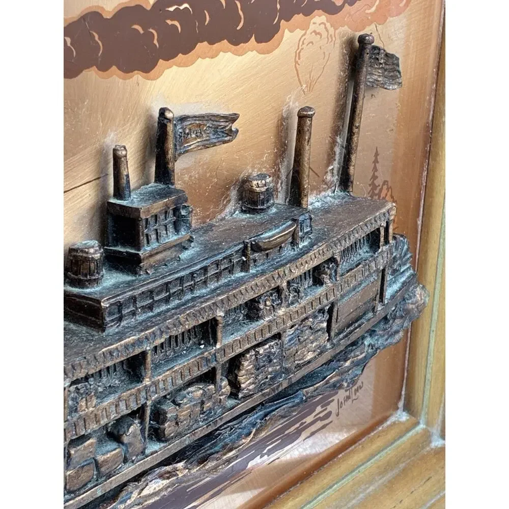 Signed John Louw 3D Copper Steamboat Riverboat Wall Art Framed 16x13